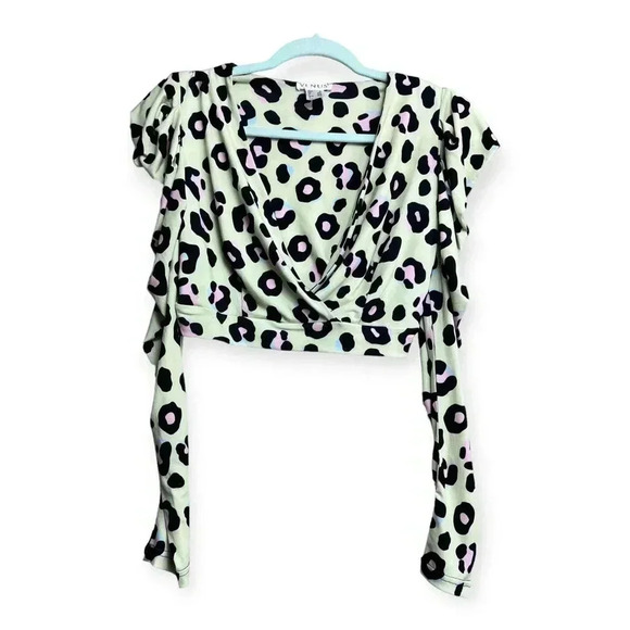 Venus Tops - Venus Womens Lime Green Cheetah Puff Sleeve Crop Blouse Xs Faux Wrap Stretch